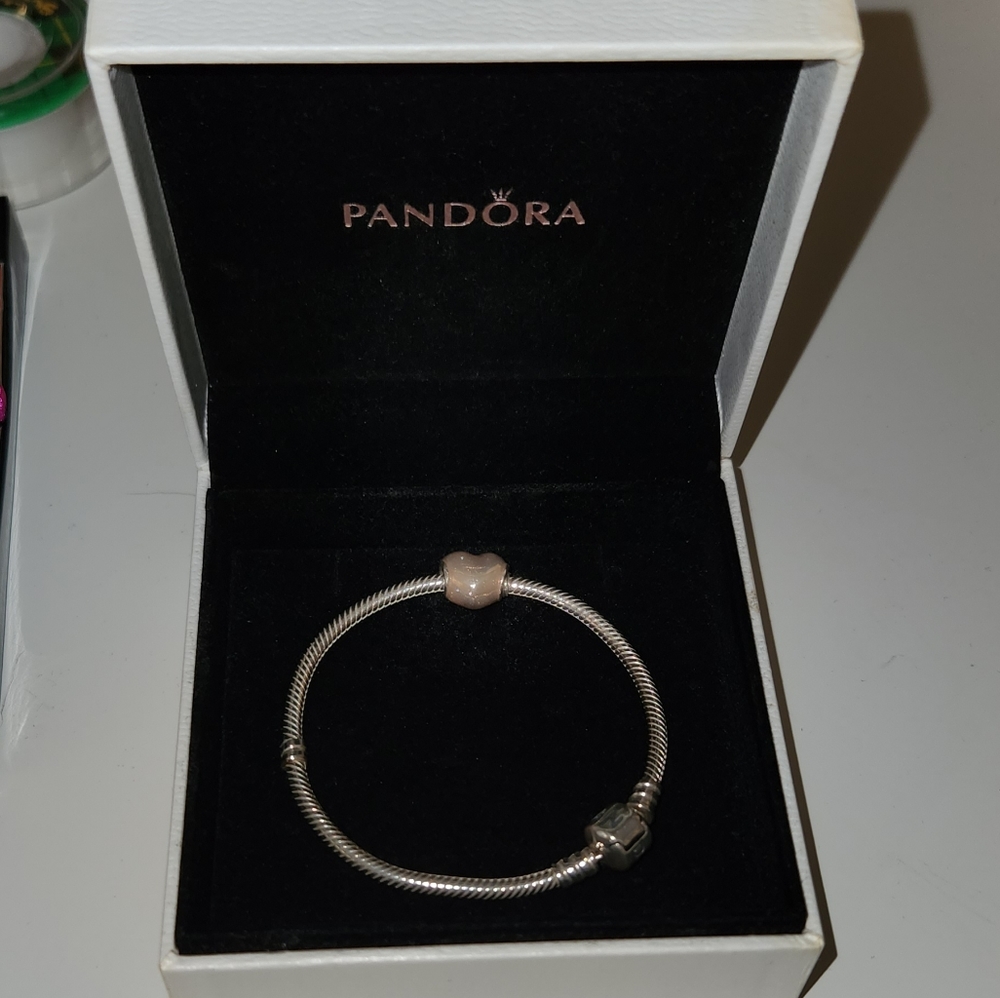 Pandora silver snake chain charm bracelet with peach heart charm included